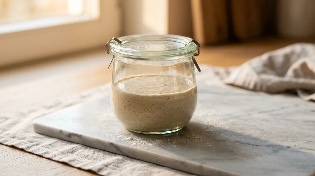 Verschlossenes Weckglas mit ruhendem, cremefarbenem Sauerteigstarter auf hellem Marmor mit Leinen