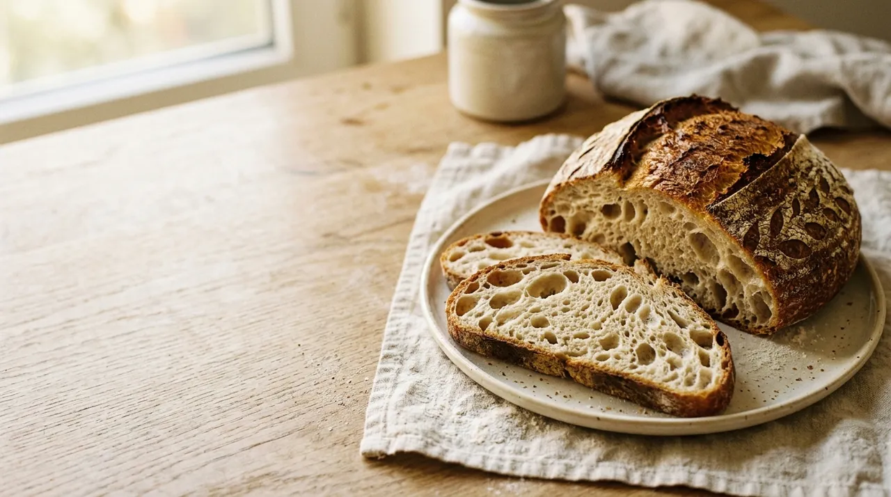 Frisch angeschnittenes Sauerteigbrot mit luftiger Krume auf einem Leinentuch und cremefarbenem Teller