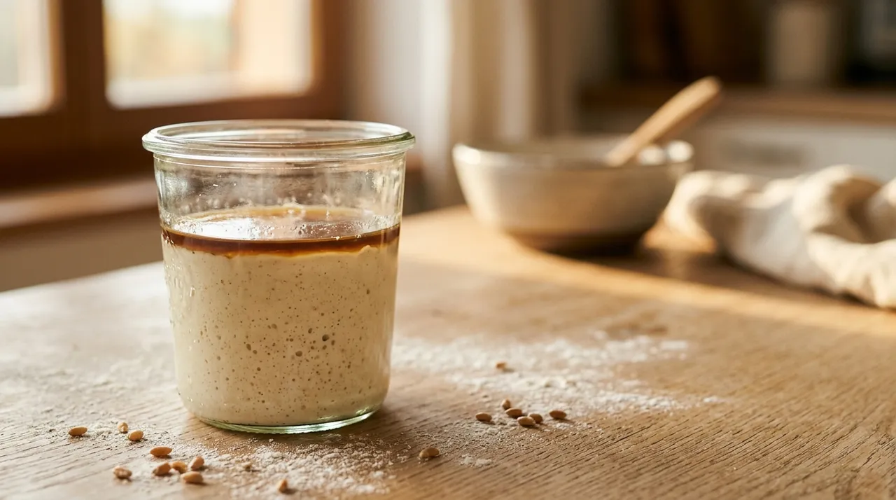 Glas mit Sauerteigstarter auf hellem Eichenholz, dünne dunkle Fusel-Schicht obenauf, warmes Seitenlicht und etwas Mehlstaub