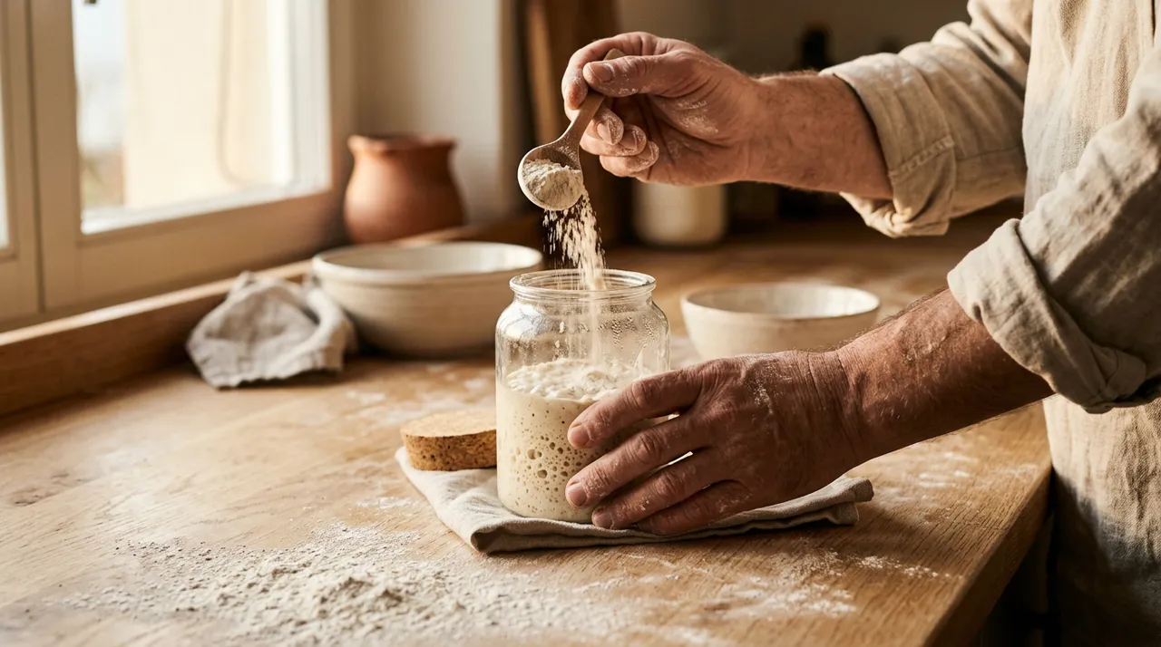 Bäckerhände frischen einen aktiven Sauerteigstarter auf, Mehl rieselt von einem Holzlöffel in ein Glas mit blasigem Starter