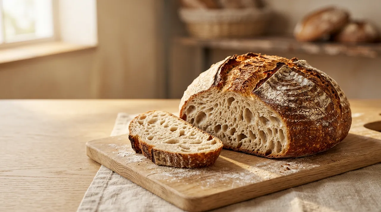 Angeschnittenes, knuspriges Sauerteigbrot mit offener Krume auf einem Holzbrett