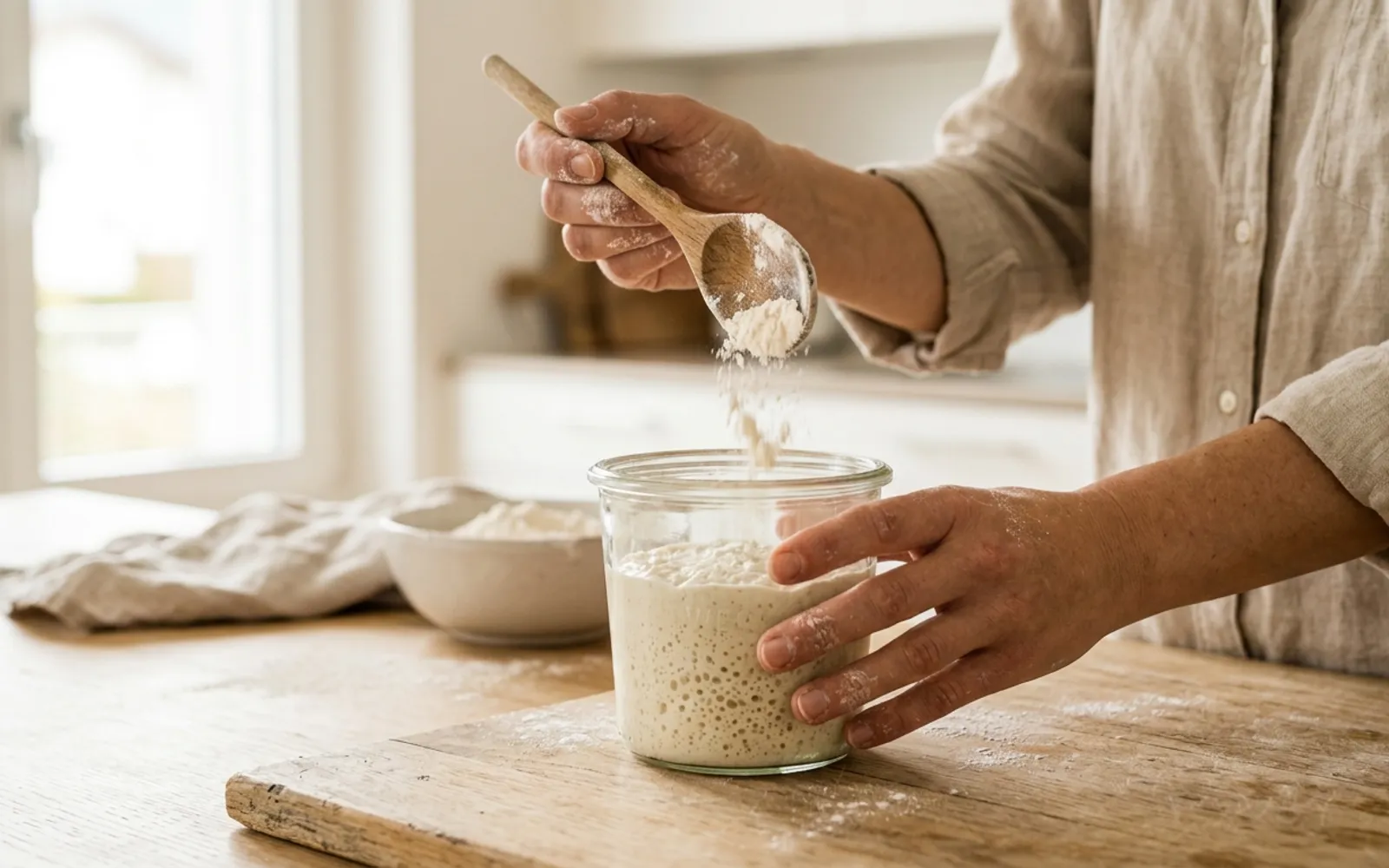 Hände füttern einen aktiven Sauerteigstarter im Glas mit frischem Mehl