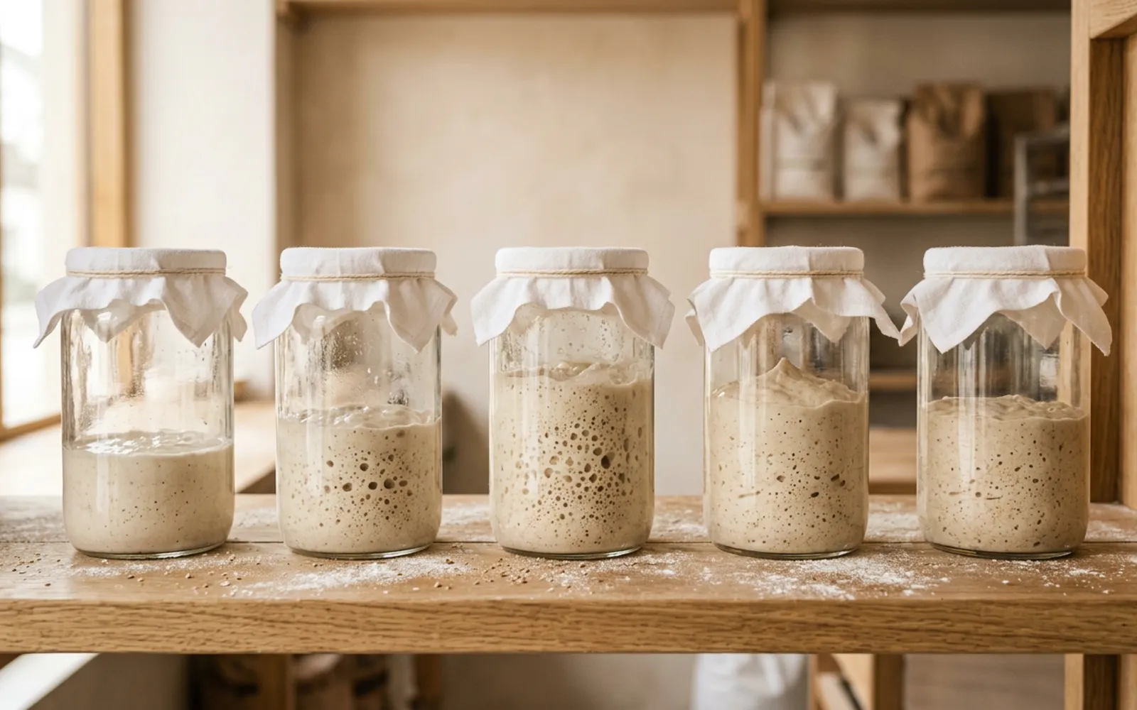 Mehrere Gläser Sauerteigstarter reifen auf einem Holzregal in unserer Produktion in der Schweiz
